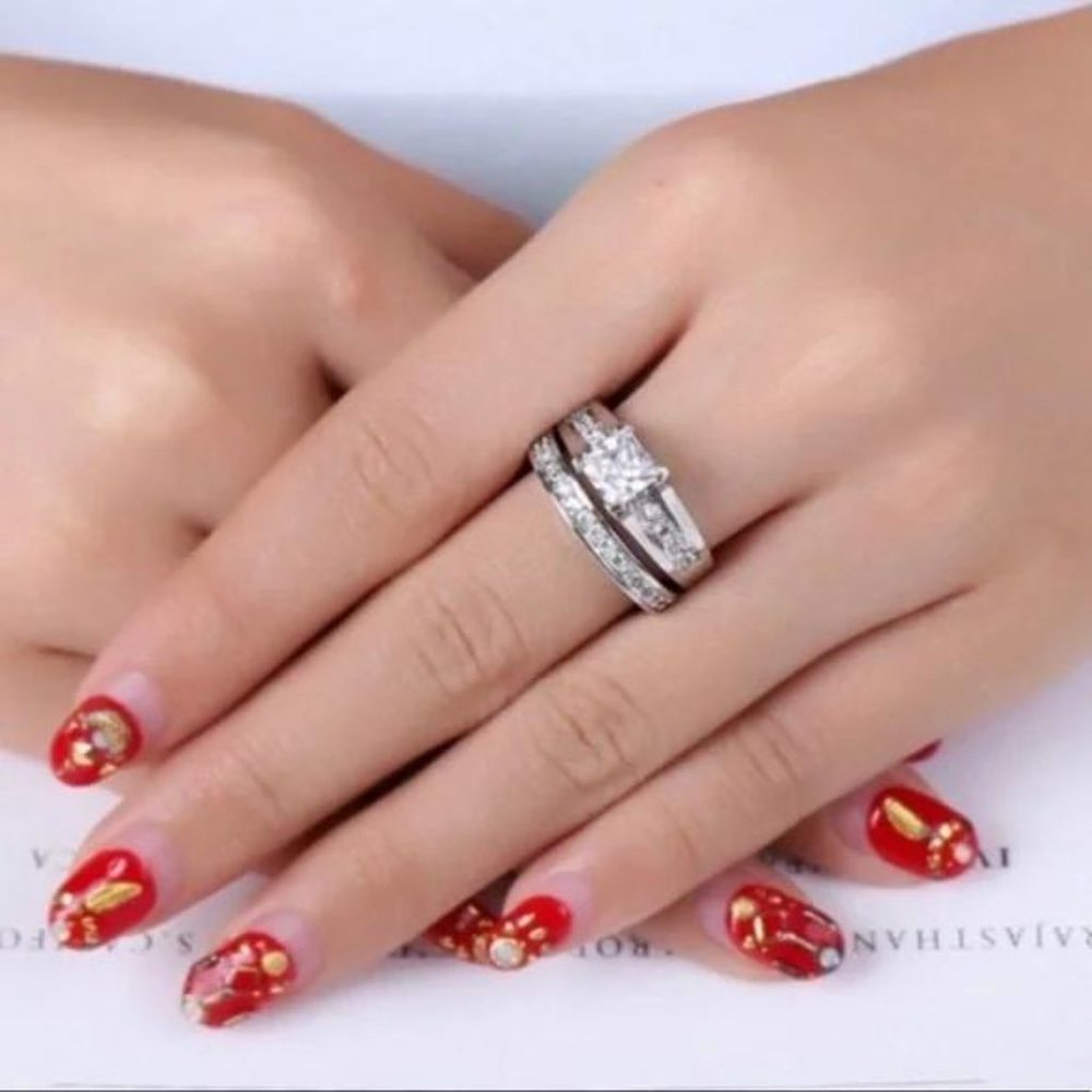 NEW 2PC/SET 925 STERLING SILVER DIAMOND RING, CUTE RING, SHINY RING. - Picture 5 of 7